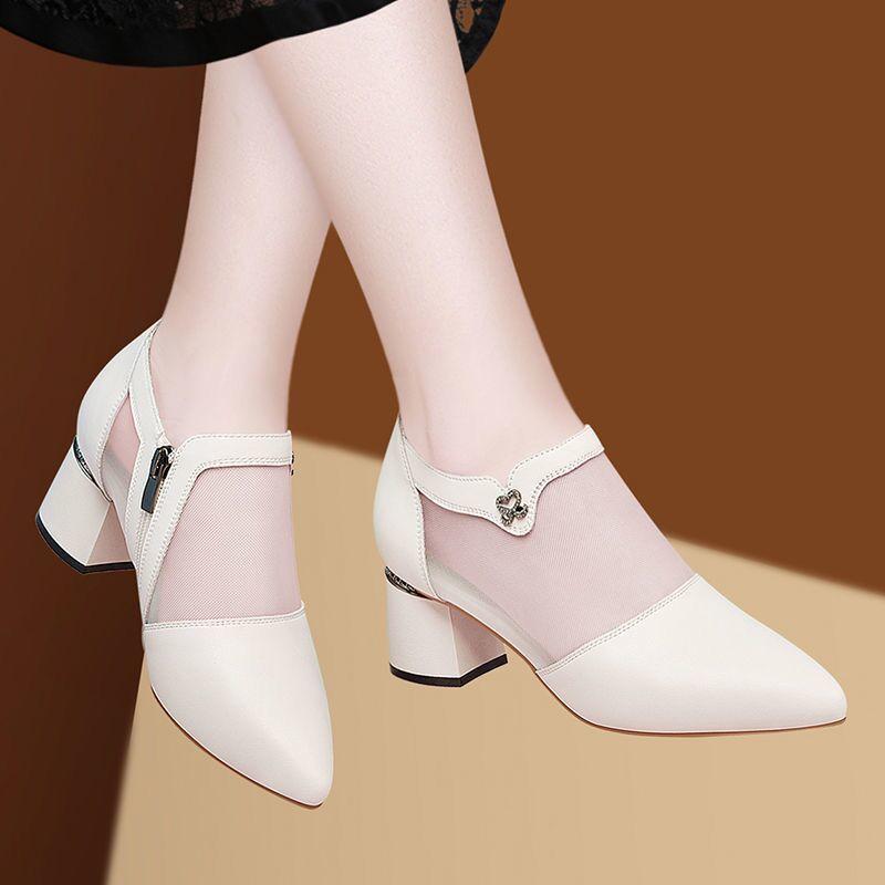 Shoes for Woman 2024 Normal Leather Casual Women's Summer Footwear Chunky Heels Transparent Sandals Clear Pointed Toe Block Heel