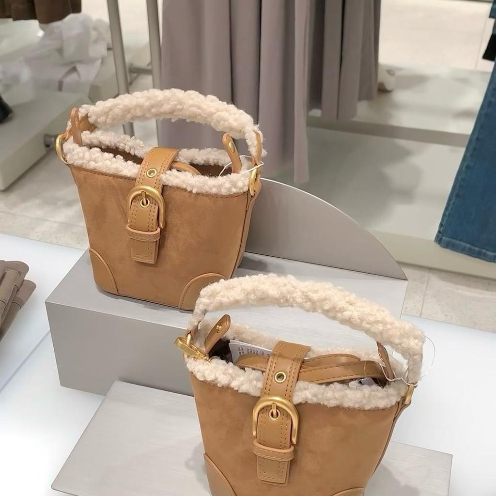 Genți Tip Găleată de Damă cu Un Umăr Toamnă Iarnă Vintage Versatilă Lână de Miel Mini Geantă de Mână Coreeană Elegantă Modă Geantă Crossbody