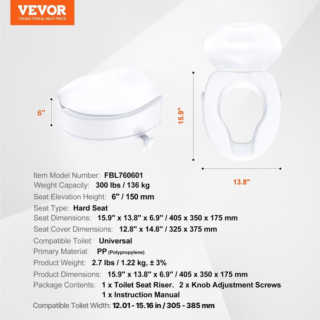 Raised Toilet Seat, 5" Height Raised, 300 lbs Weight Capacity, Universal Toilet Seat Riser, Screw Rod Locking, with Toilet Seat, for Elderly,