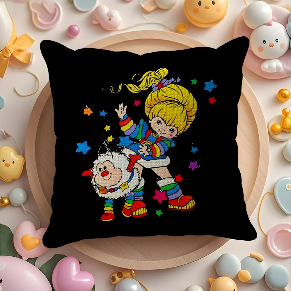 R-Rainbows Cute Brite Cushion Cover Linen Organic Fabric Double-Sided Printing Breathable Pillow Case Sofa Home Decor Gift
