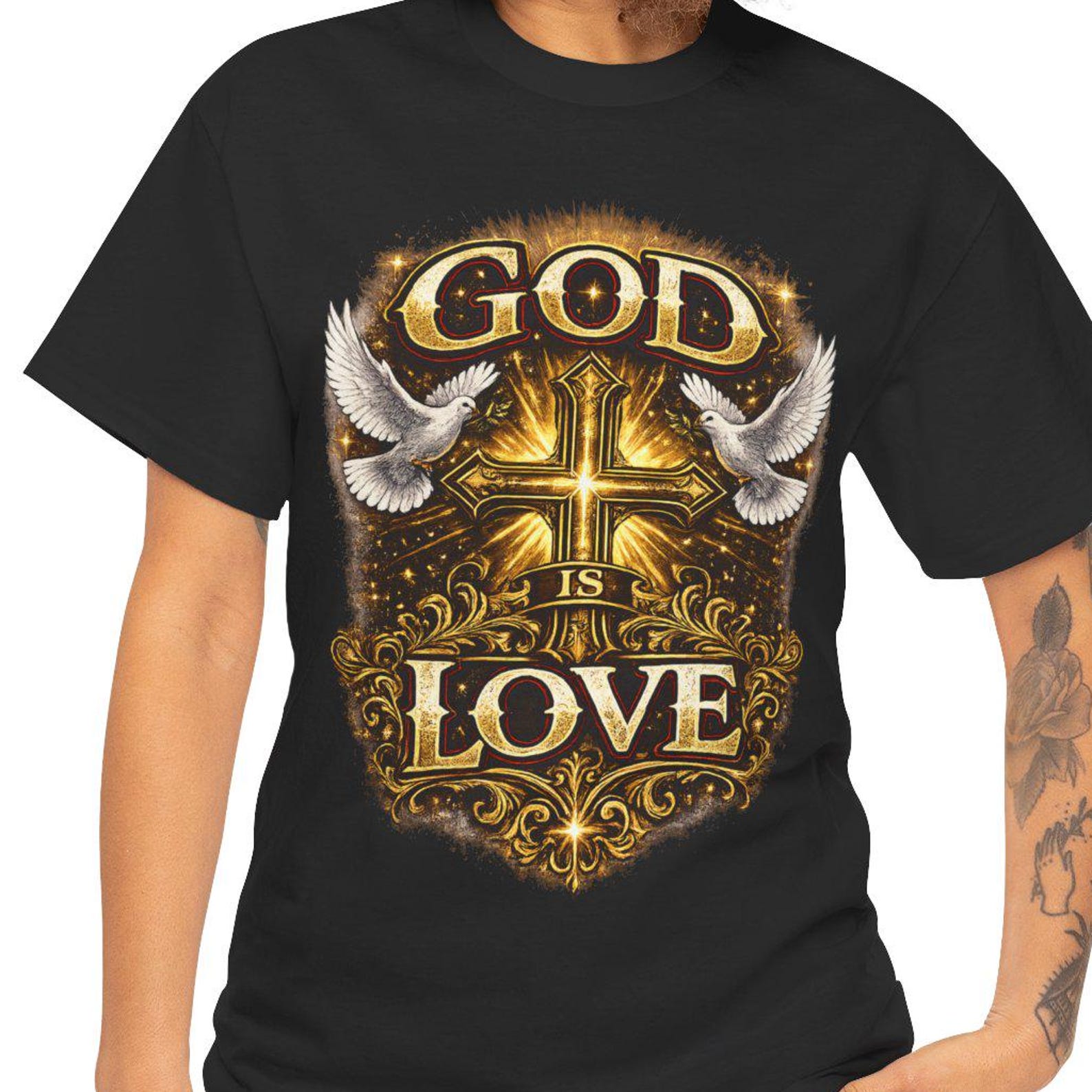 God Is Love cross design T-Shirt | Christian faith tee, dove artwork S