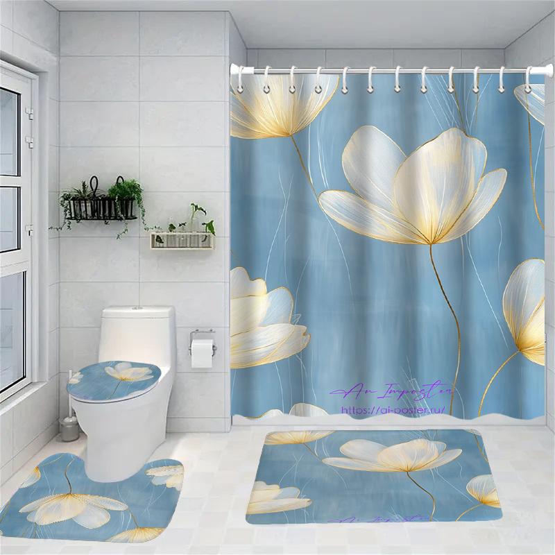 Floral Pattern Shower Curtain Bath Sets Waterproof Non-Slip Bathroom Rug Toilet U With 12 Hooks Home Deco