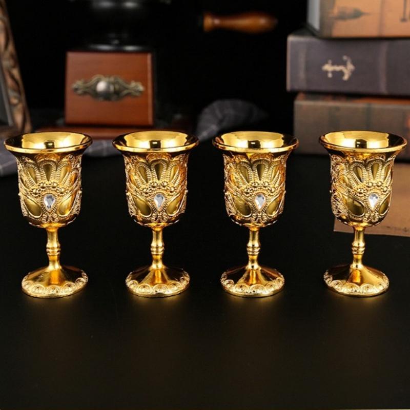 European Mini Glasses,Alloy Retro Relief Rose Vodka Cup, Light Luxury Portable Tall Tumbler, Creative Gift Home Decoration, 1pcs