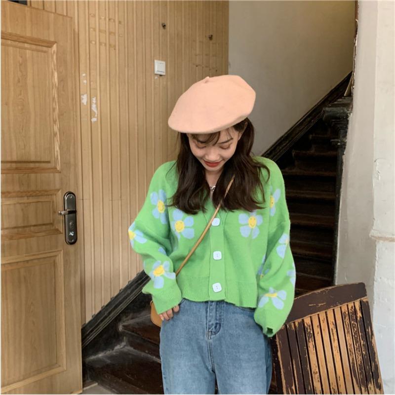 

Весенне-осенняя женская вязаная куртка в стиле колледжа с цветочным узором, свободный V-образный вырез, осенне-зимний толстый свитер, кардиган, женские топы, короткая секция One Size зелёный