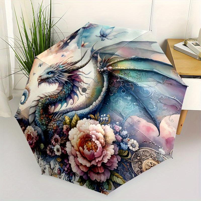 1pc Fantasy Dragon Floral Automatic Opening/Closing Umbrella - Portable 3-Fold Design, 8-Bone Iron Frame Outdoor Umbrella, Perfect Festival Gift