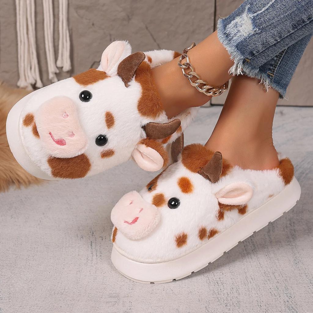 Unisex Cartoon Cow Warm Plush Slippers 2025 New Couple Indoor Non-slip House Slippers Men Women Home Cotton Shoes Slides Women