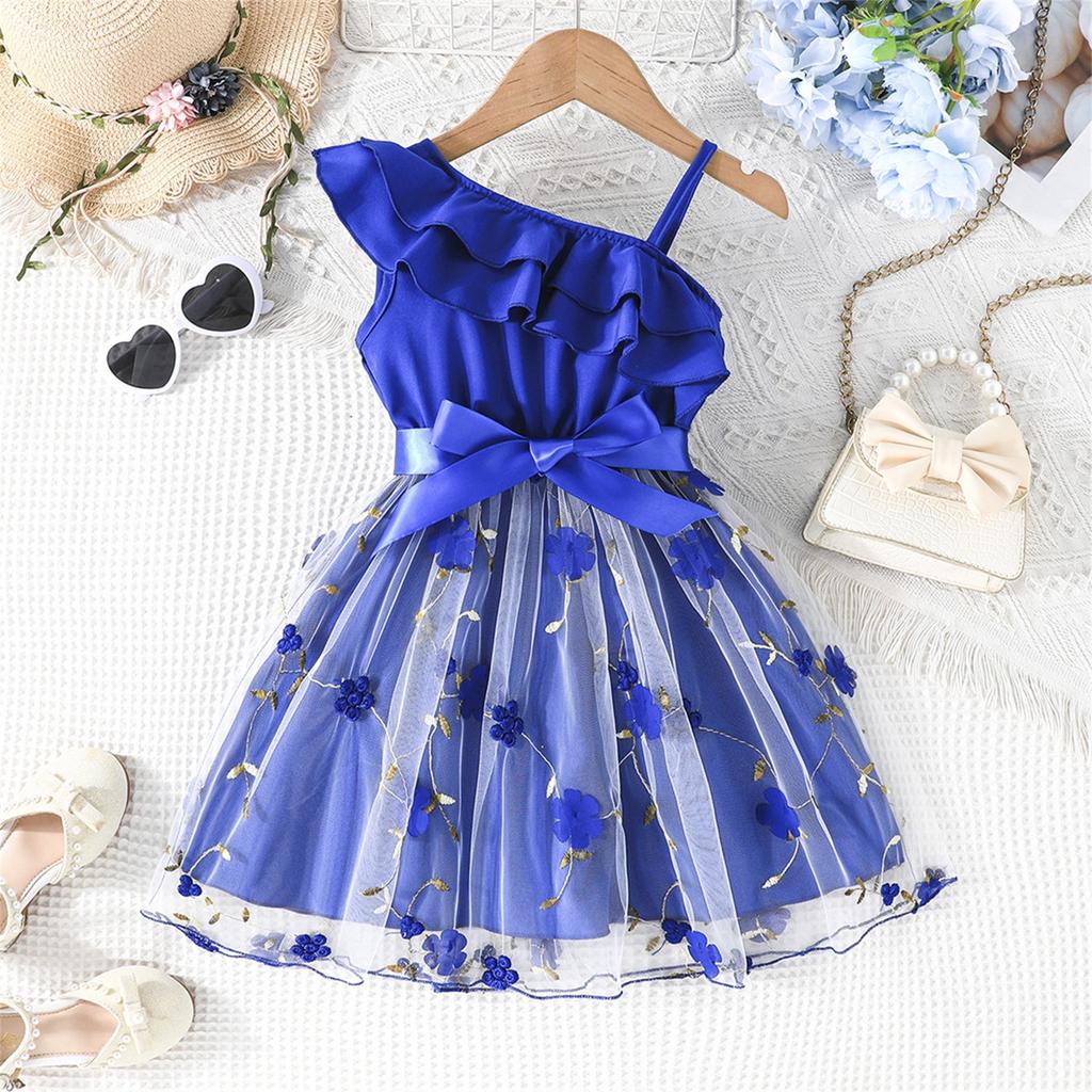 Summer Children Leaf Inclined Shoulder Strap Craft Skirt Girls Fashion Casual Dress