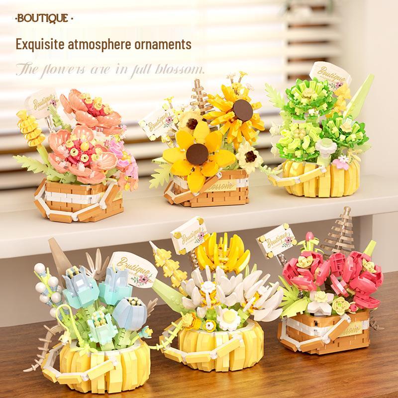 Flower Basket Series Micro-Particle Building Blocks: Sunflower & Succulent Potted Plants – Lego Compatible Toys