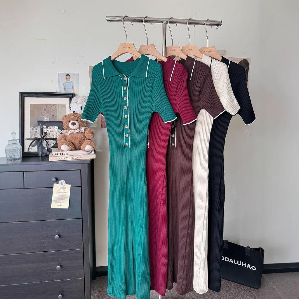 Short-sleeved Lapel Knitted Skirt Women's 2025 Summer and Autumn New Pit Strip Single-breasted Tight Mid-length Dress