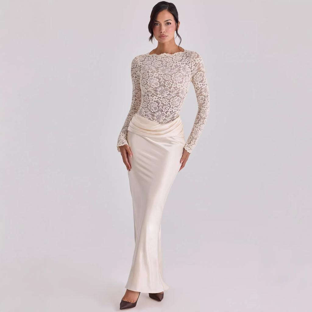 European and American style sexy lace perspective splicing pleated long dress pendant waist hip wrap satin fishtail skirt