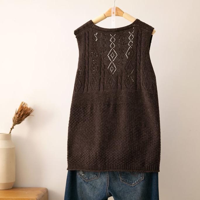 Spring Autumn Vintage Knitted Vest Women Loose V-neck Double Pocket Sleeveless Sweater Knitted Waistcoat Outwear