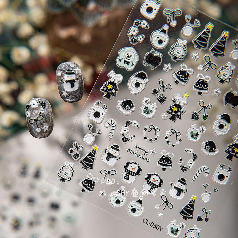 3D Christmas Waterproof Nail Stickers: Cute Puppy, Bow, Cartoon Snowman Design
