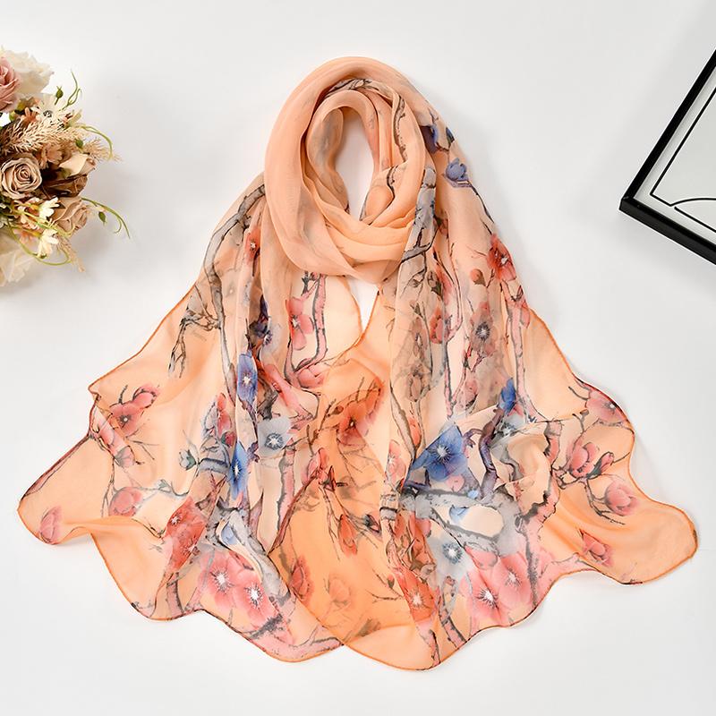 Plum Blossom Chiffon Scarf Floral Printed Shawl Lightweight Neck Scarf Summer Neck Sun Protection Silk Scarf Shawl 160*50Cm