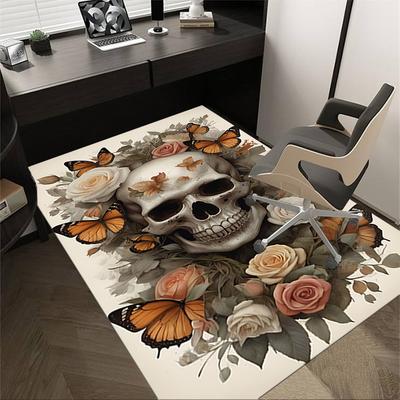 1pc Skull Flowers Carpet Anti Slip Polyester Floor Mat for office.Bedroom