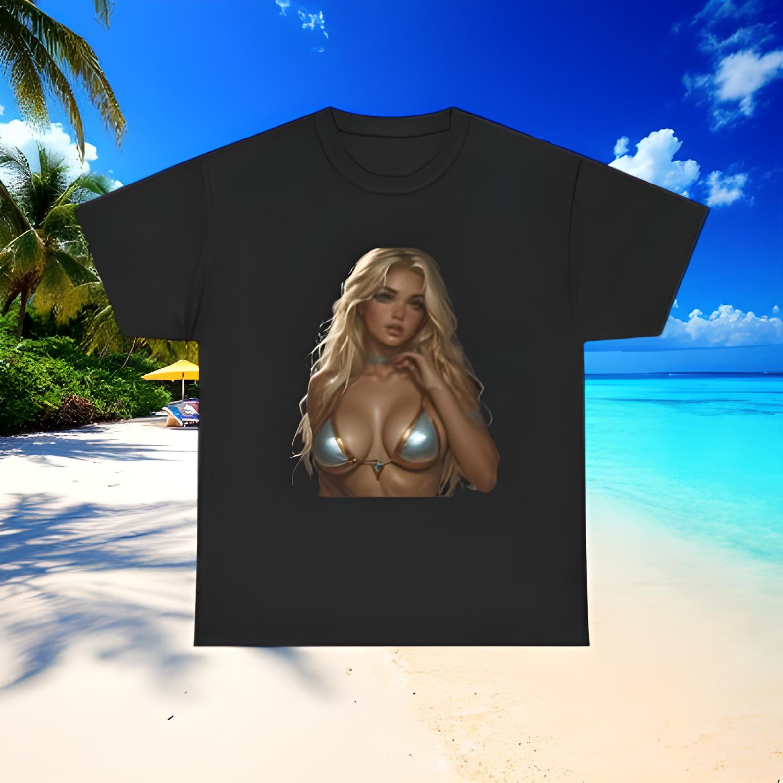 Blonde Woman in Metallic Bikini T-Shirt | Sexy Pinup Illustration Retro Tee 2XL