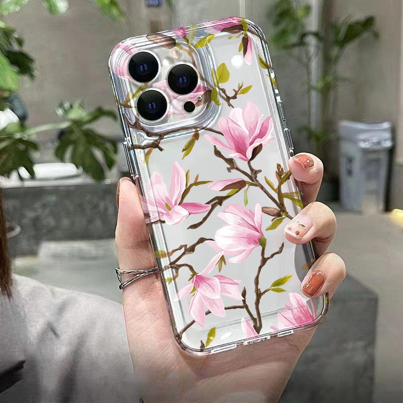 Pink Magnolia Branch Pattern Phone Case for iPhone 17 16 15 14 13 12 11 16E Series Pro Max Plus Double Layer Protection