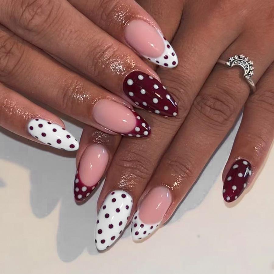 24Pcs Medium Almond Press On Nails Glossy Red French Tip White Polka Dot Fake Nails for Women Fall Winter