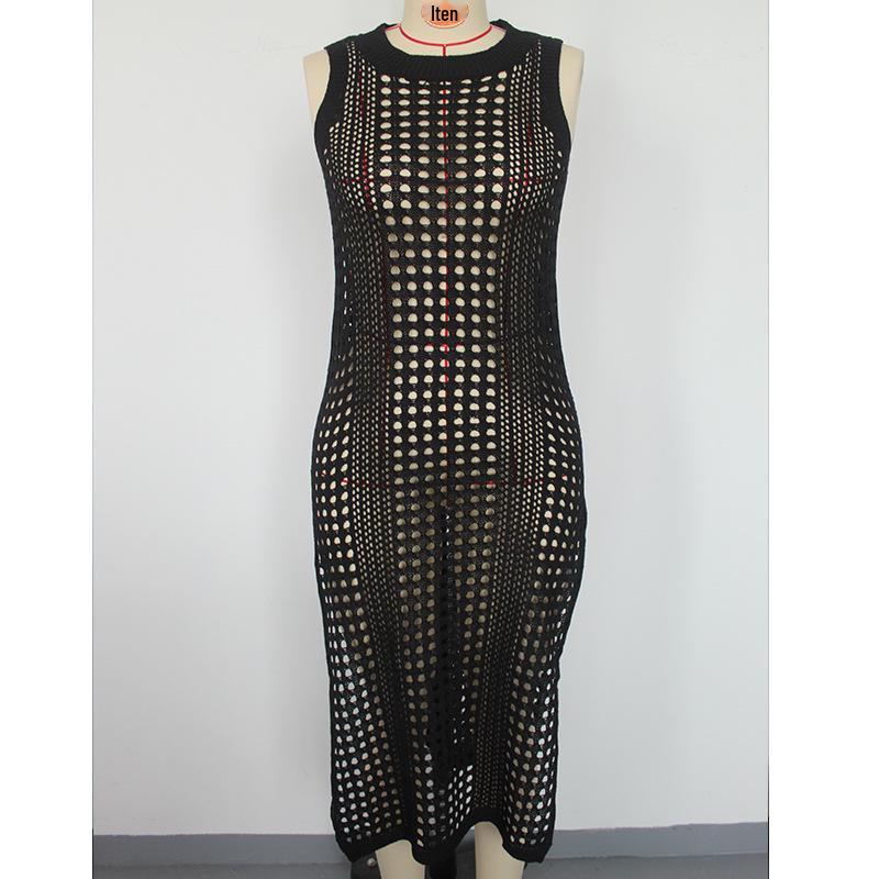 Cross-border Vacation Sexy Knit Sleeveless Dress: Solid Color, Round Neck, Breathable, High Slit, Beach Cover-up