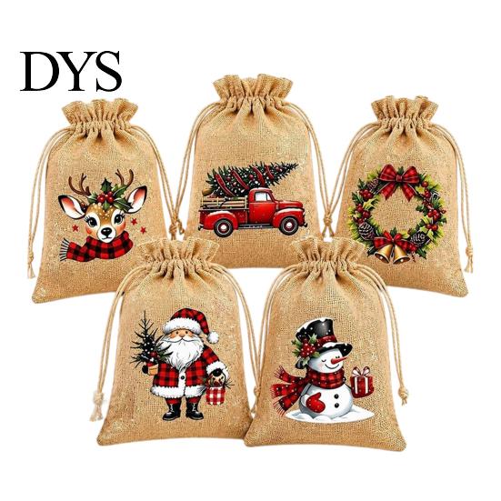 Santa Claus Snowman Reindeer Prints Christmas Jute Burlap Gift Bags, Drawstring Treat Candy Small Bags for Parties Bag, Reusable Linen Packaging Pouch