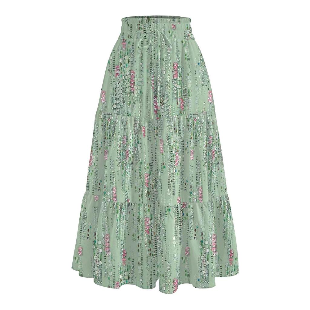 Damen Maxiröcke, fließend, ausgestellt, mit Rüschensaum, A-Linie, elastische Taille, elegant, gestuft, Boho, lange Röcke