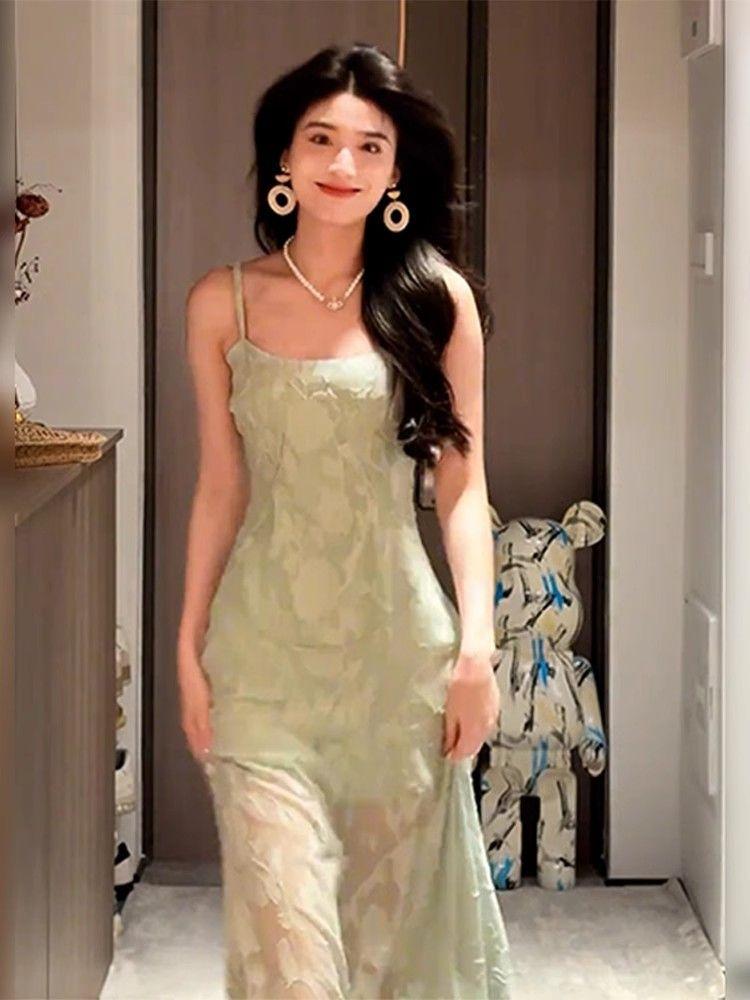 French Mint Green Suspender Dress Women's Summer New Wear Seaside Vacation Style Waist Dress