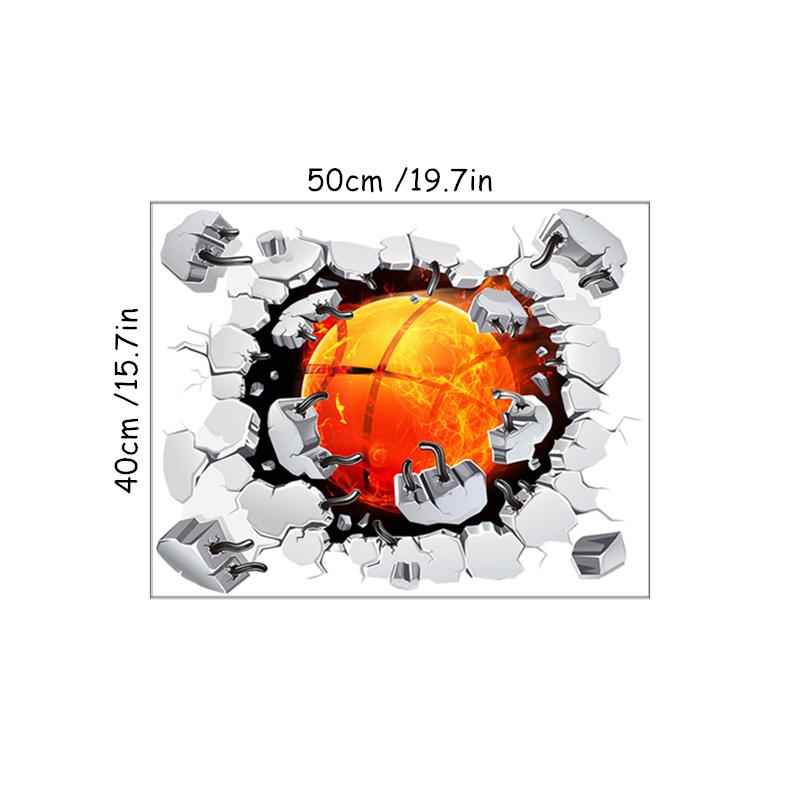 Creative Sport Poster 3D Flame Basketball Broken Wall Hole Art Vinyl Mural Stickers Self Adhesive Home Decoration For Kids Room