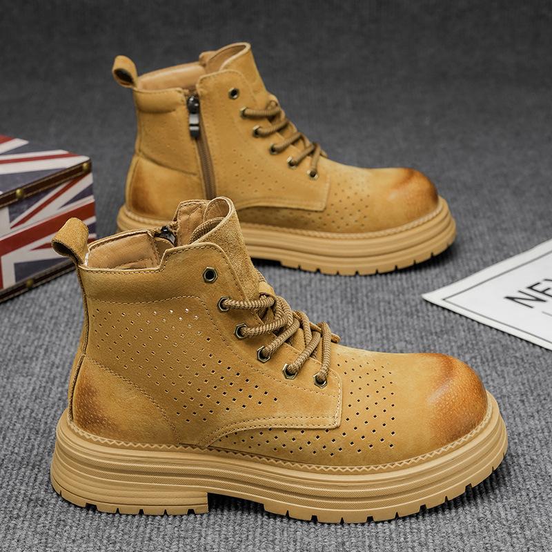 Autumn and Winter Men's High-top Thick-soled Tooling Short Boots Leather Surface Punching Breathable Big Yellow Boots Live Broadcast Outdoor Martin B