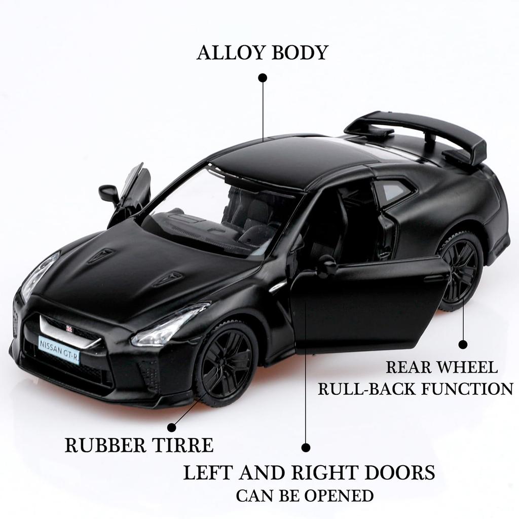 TOKAXI 1/36 Scale Nissan GTR Diecast Model Car, Pull-Back Vehicle NISSAN GTR R35 Toy Car, Gift for Boys and Girls, Matte Black