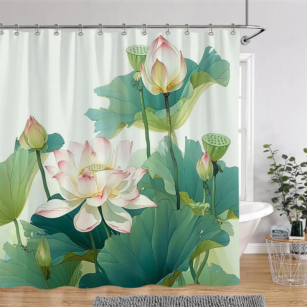 Lotus Flowers Shower Curtain Green Leaves Plant White Floral Chinese Style Home Wall Hanging Bathroom Curtains Decor with Hooks
