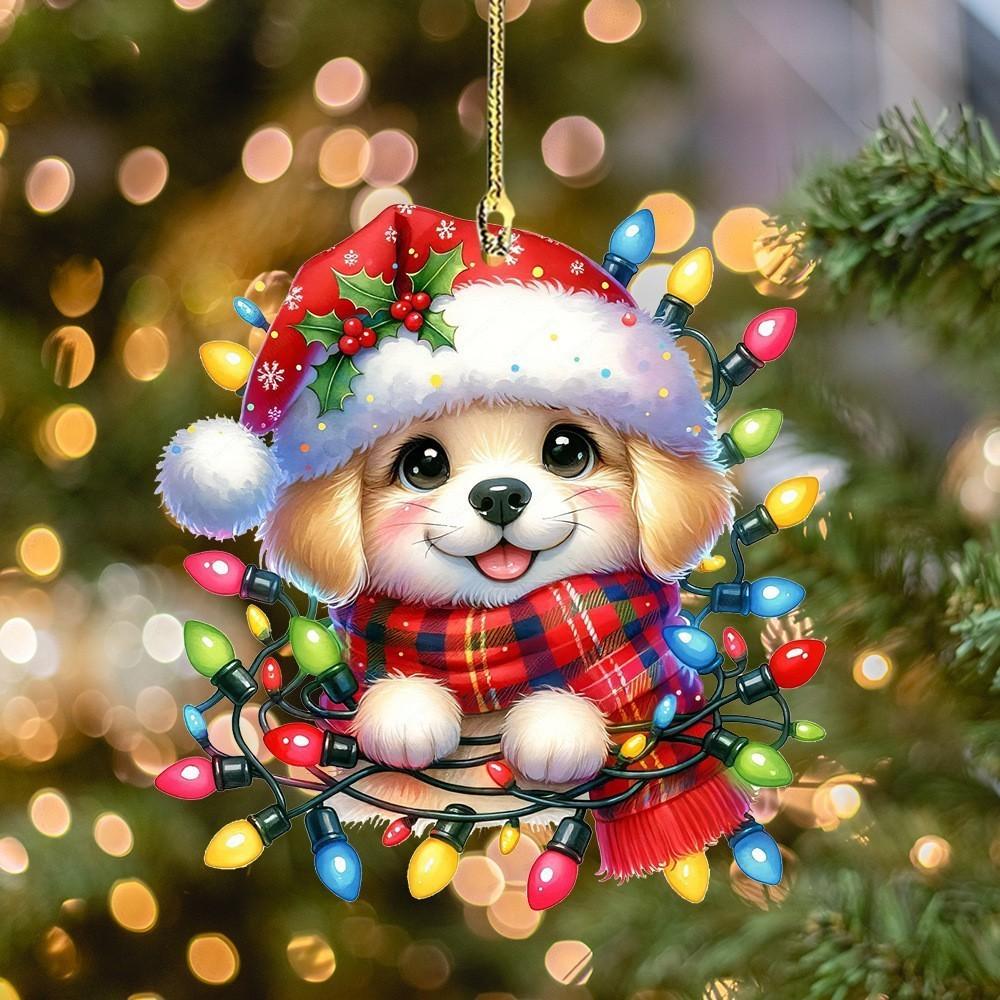 Flat Acrylic Christmas Surface Pendant With Cute Puppy Checkered Design Scarf