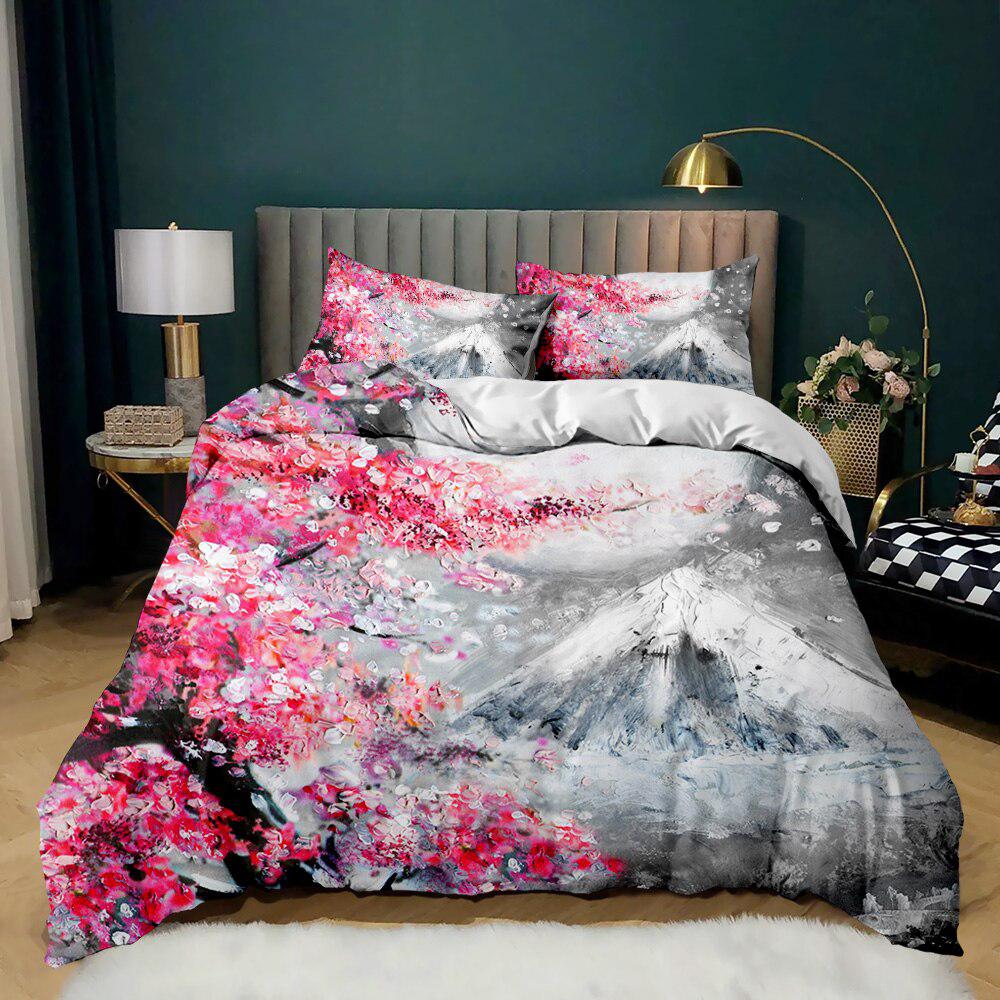 Cherry Blossom Duvet Cover Set, Pink Floral Bedding Set Queen Size,Japanese Decor Comforter Covers for Girls Women All Season