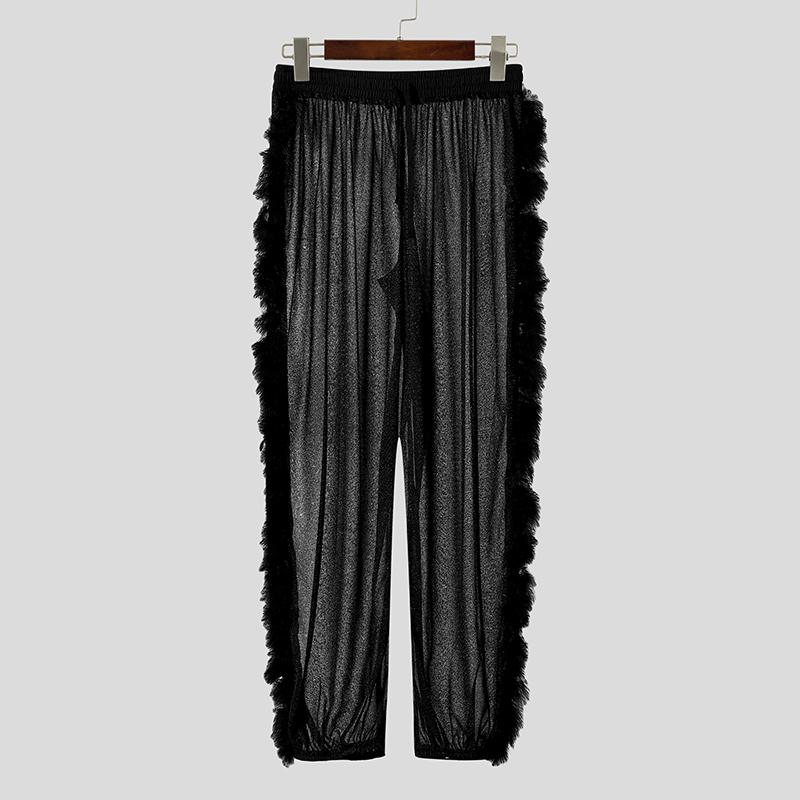 

INCERUN Men Elastic Waist See Through Tassel Mesh Sheer Long Trousers Pants 5XL чёрный