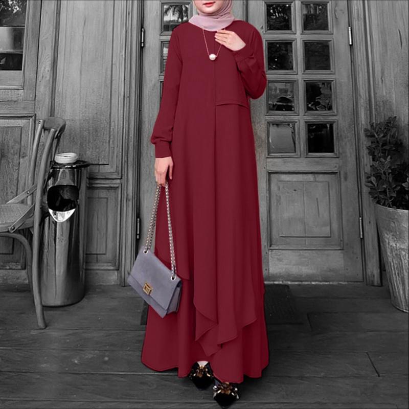 

ZANZEA Muslim Women Casual Round Neck Solid Color Long Sleeve Loose Dress 2XL червоний