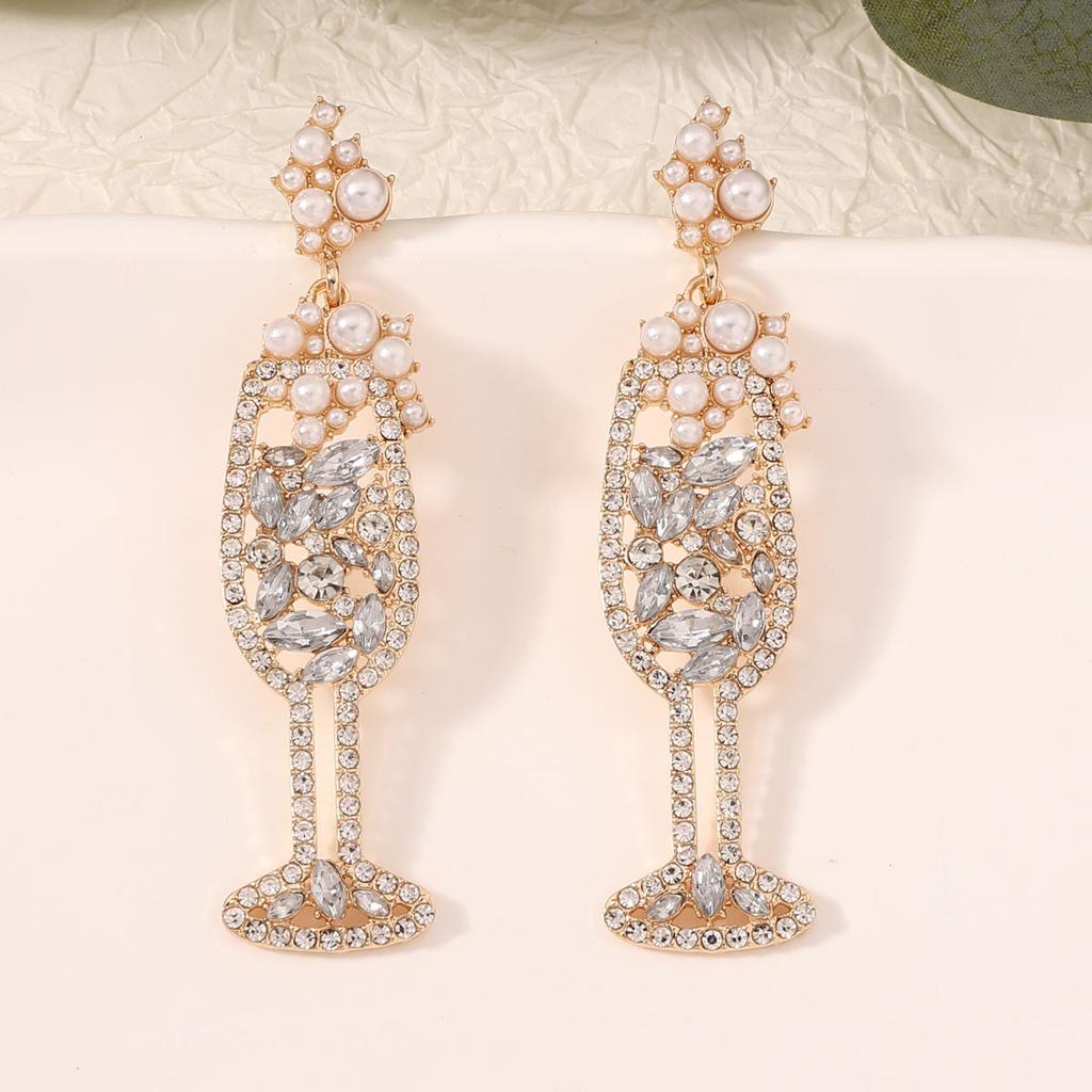 Exaggerated rhinestone pearl fashion personality large version champagne cup earrings earrings European and American new earrings
