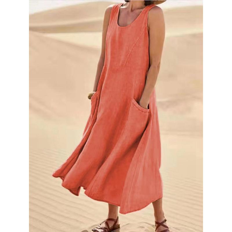 Damen Casual Sommer Übergröße Baumwoll Leinen Kleider Schlicht Locker Rundhals Tasche Ärmellos Langes Kleid