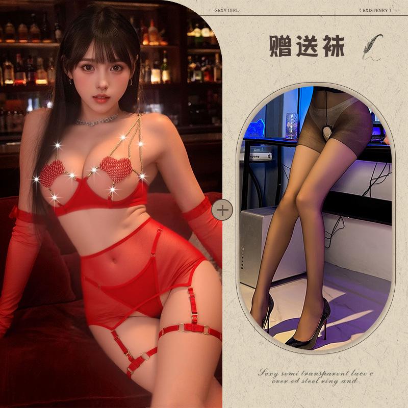 Sex underwear women's love chain hollow perspective temptation mesh bed teasing abstinence soul set