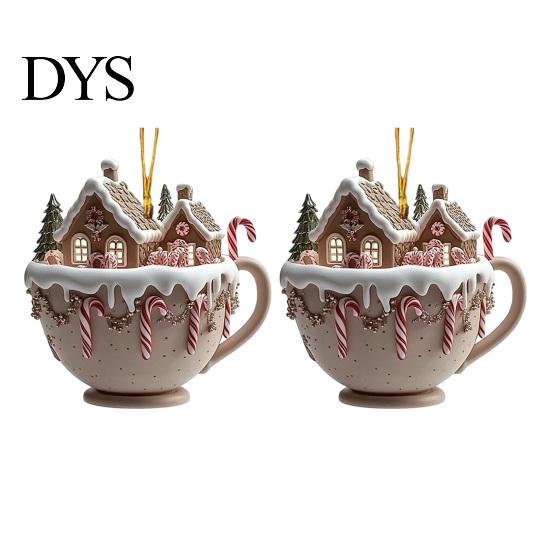 Lightweight Key Chain Accessories 2Pcs Fairy Tale Coffee Cup Snow House Christmas Ornaments, Double-sided Acrylic Gingerbread Tree Decor Hanging