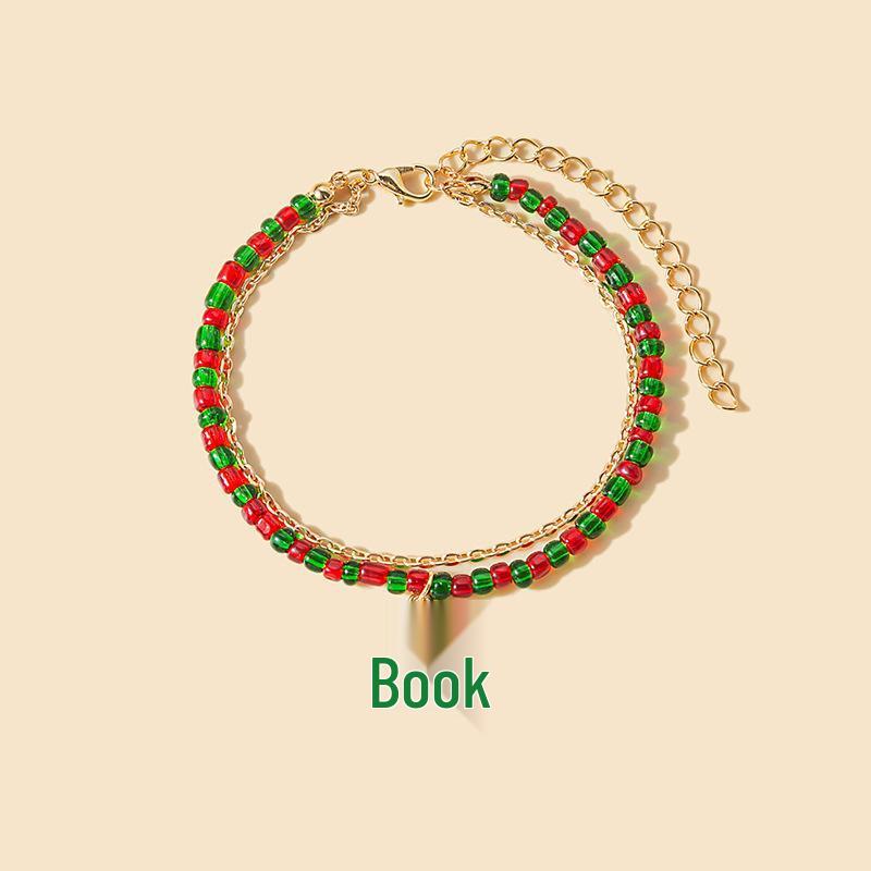 European-American Style Handmade Colorblock Beaded Bracelet with Cartoon Christmas Tree