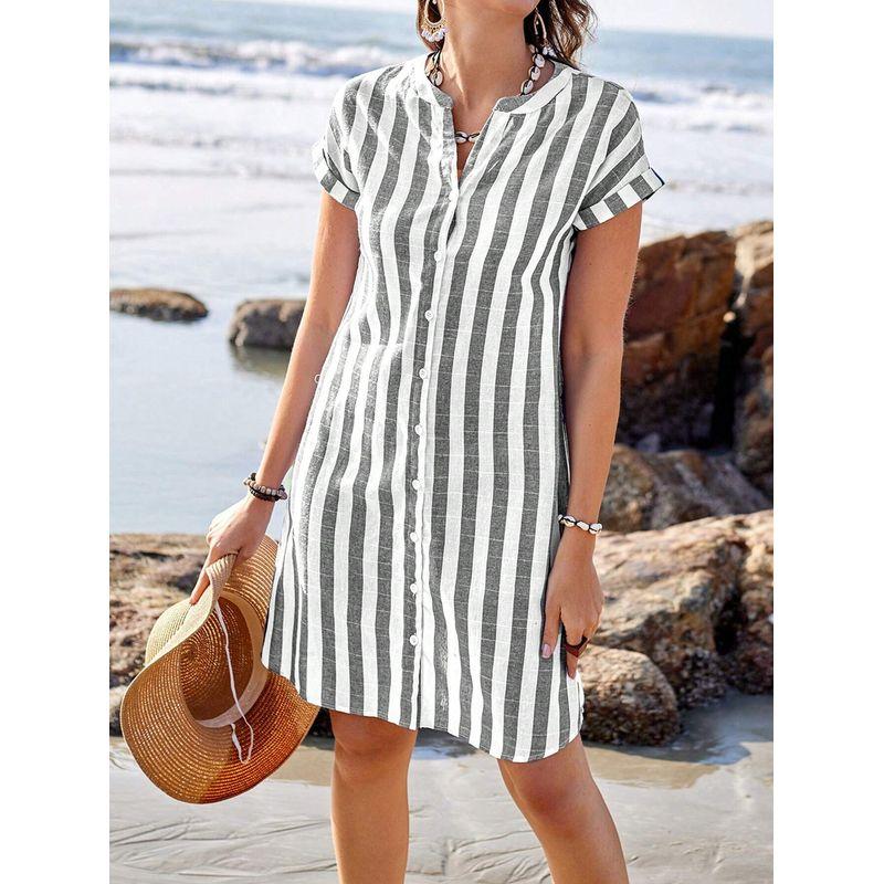 Western Style New Fashion Casual Loose Stripe Short Sleeve Dress Single Breasted Short Dress Striped Dress