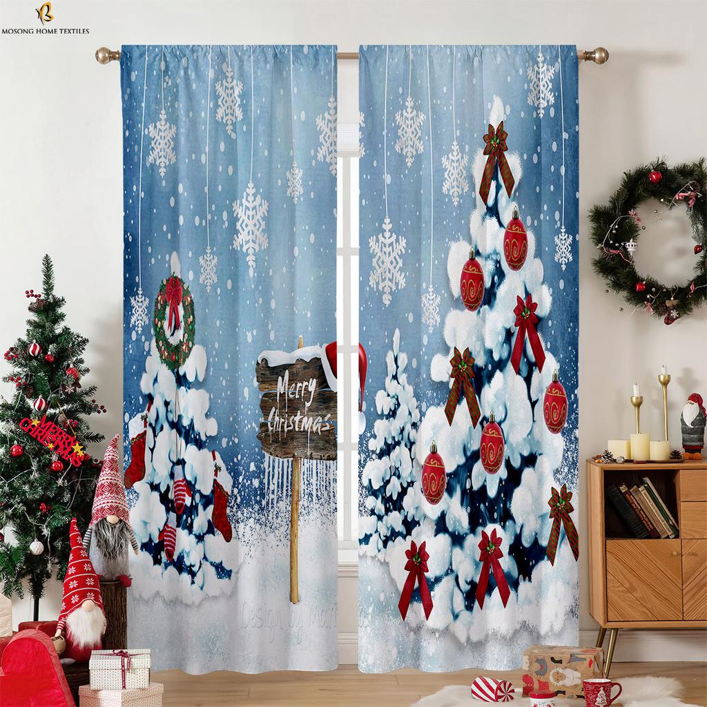 Vintage Red Plaid Christmas Pattern Printed Curtains Fireplace Christmas Tree Decoration Curtains Restaurant Party Decoration