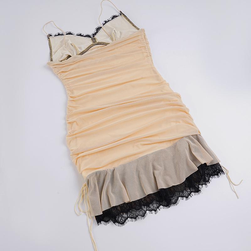 2026 Lace Spaghetti Strap Dress Women Summer Pleated Drawstring Sexy Plunge Mini Dress Slim Hot Girl Club Party Dresses