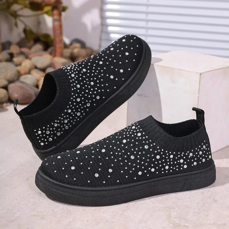 2025 Brand Ladies Shoes Slip-on Women's Vulcanize Shoes Crystal Casual Plus Size Grid Best Seller Breathable Sneakers