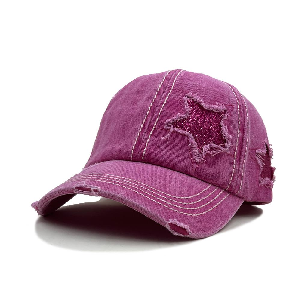 Pure Cotton Washed Ponytail Hole-Out Five-Pointed Star Baseball Cap, Trendy Curved Brim Ponytail Braid, Duckbill Hat