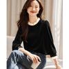 Elegant Velvet Long Sleeve Blouse with Lace Trim