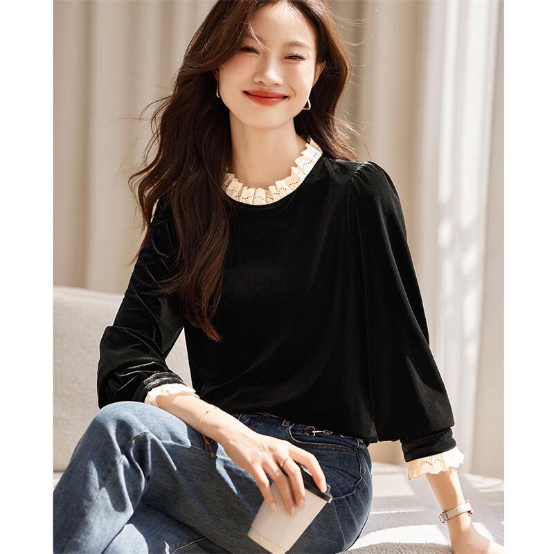 Elegant Velvet Long Sleeve Blouse with Lace Trim