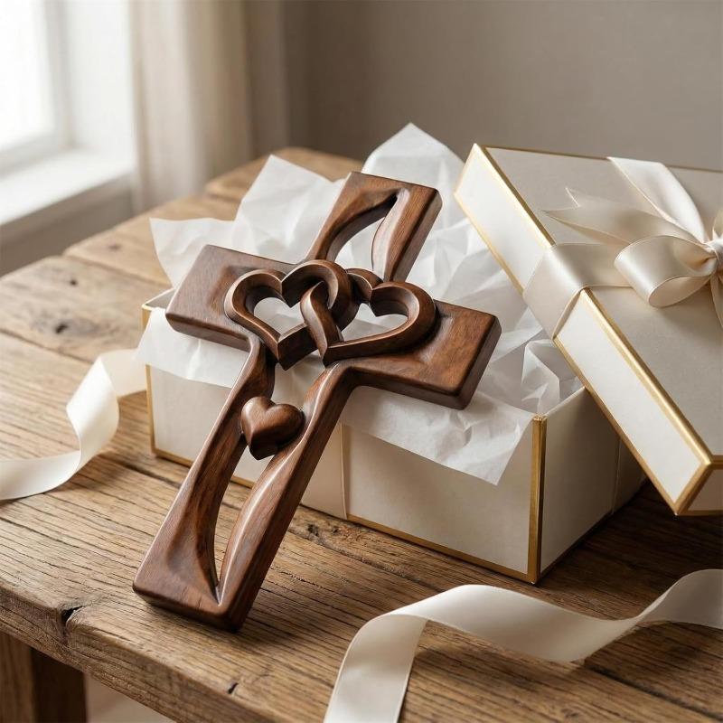 Hochzeits-Kreuz Wanddekoration, Handgefertigtes Holzkreuz mit verschlungenen Herzen, Handgeschnitzte Wandhängedeko, Valentinstags-Ostern-Hochzeitsgeschenk
