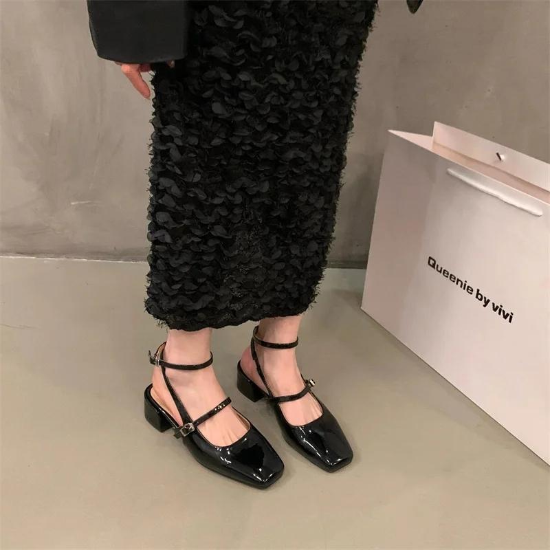 TRAF Women Mary Jane Shoes Fashion Leather Thick Heel Shoes Office Slingback Heeled Heels 2024 Autumn Female Black Chunky Heels