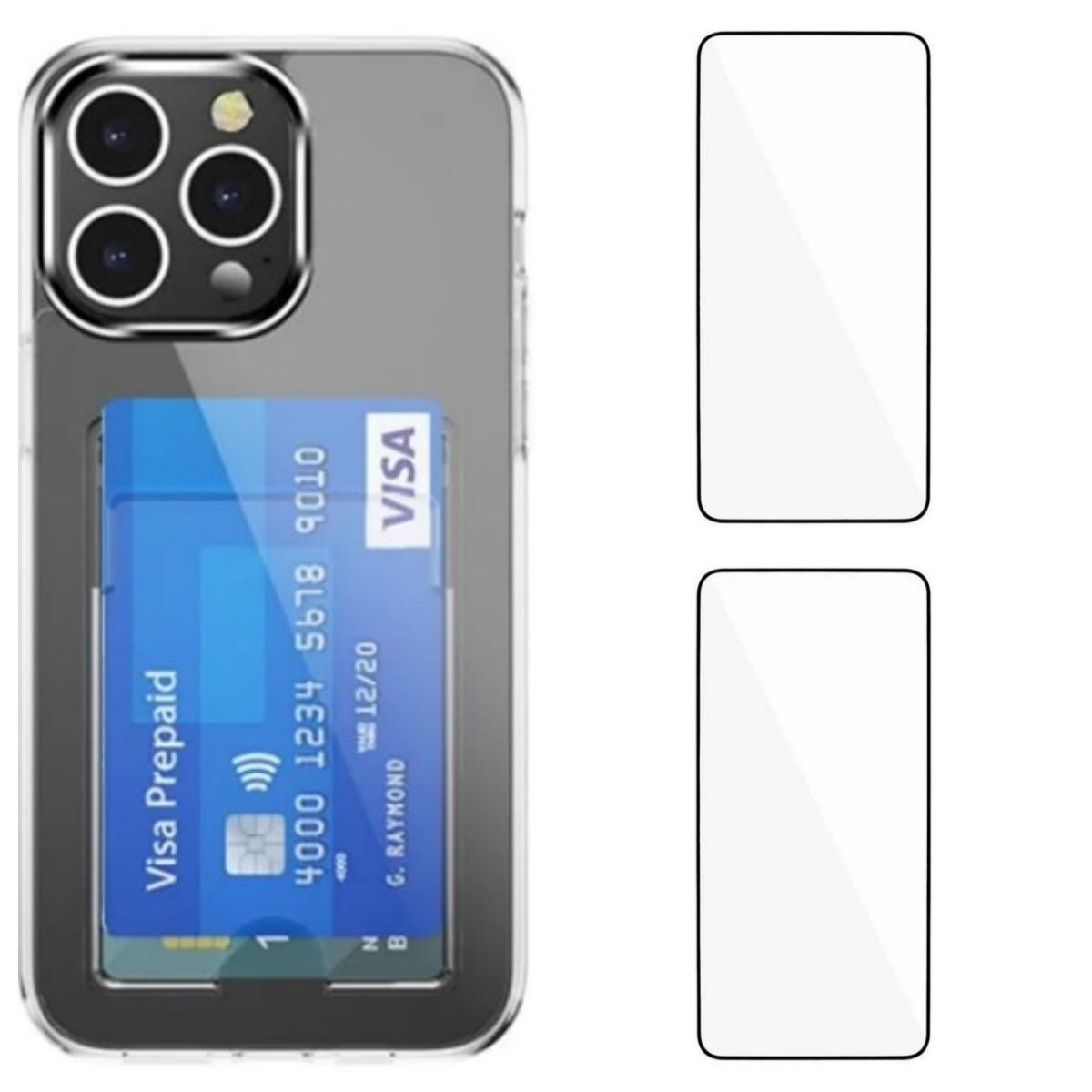 

For iPhone 15 Pro Max Clear Phone Case with 2Pcs Screen Film WANLONFENG CK1 Series Card Holder Cover (Big Lens Hole) Transparent