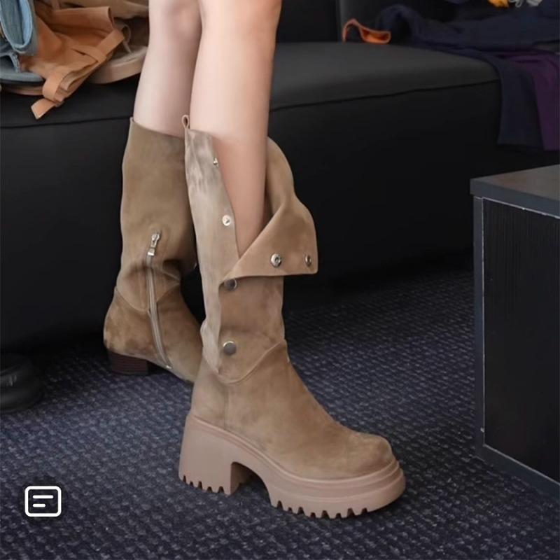 [8cm huge display height] Thick-soled long boots, small height increase, medium tube knight boots, women wear folded western boots