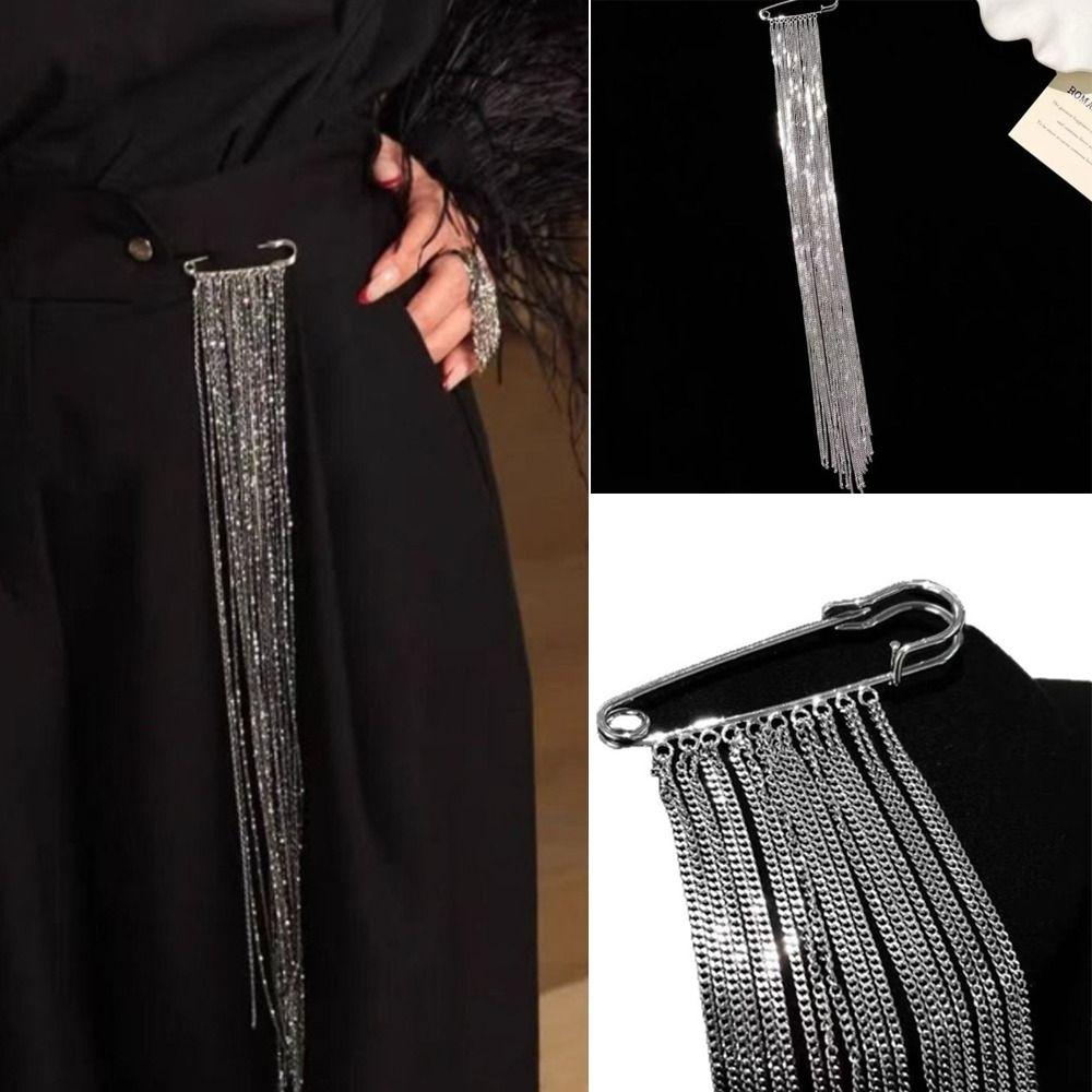 New Alloy Tassel Chain Brooch Jewelry Accessories Silver Color Clothing Tie Pin Exaggerated Handbag Accessories Women Girls